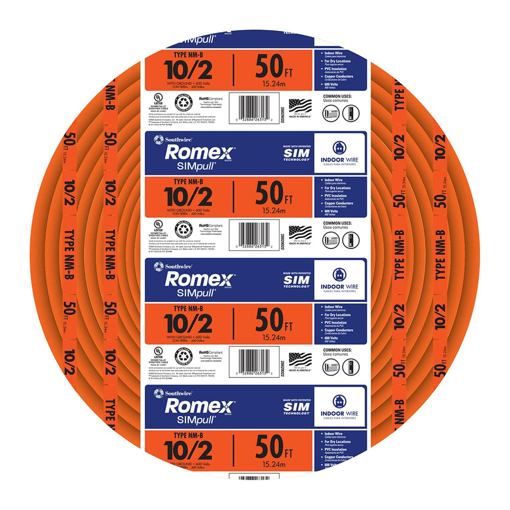 Southwire Romex™ Brand Simpull Solid Indoor 10/2 W/G NMB Cable 50ft coil - SW# 28829022