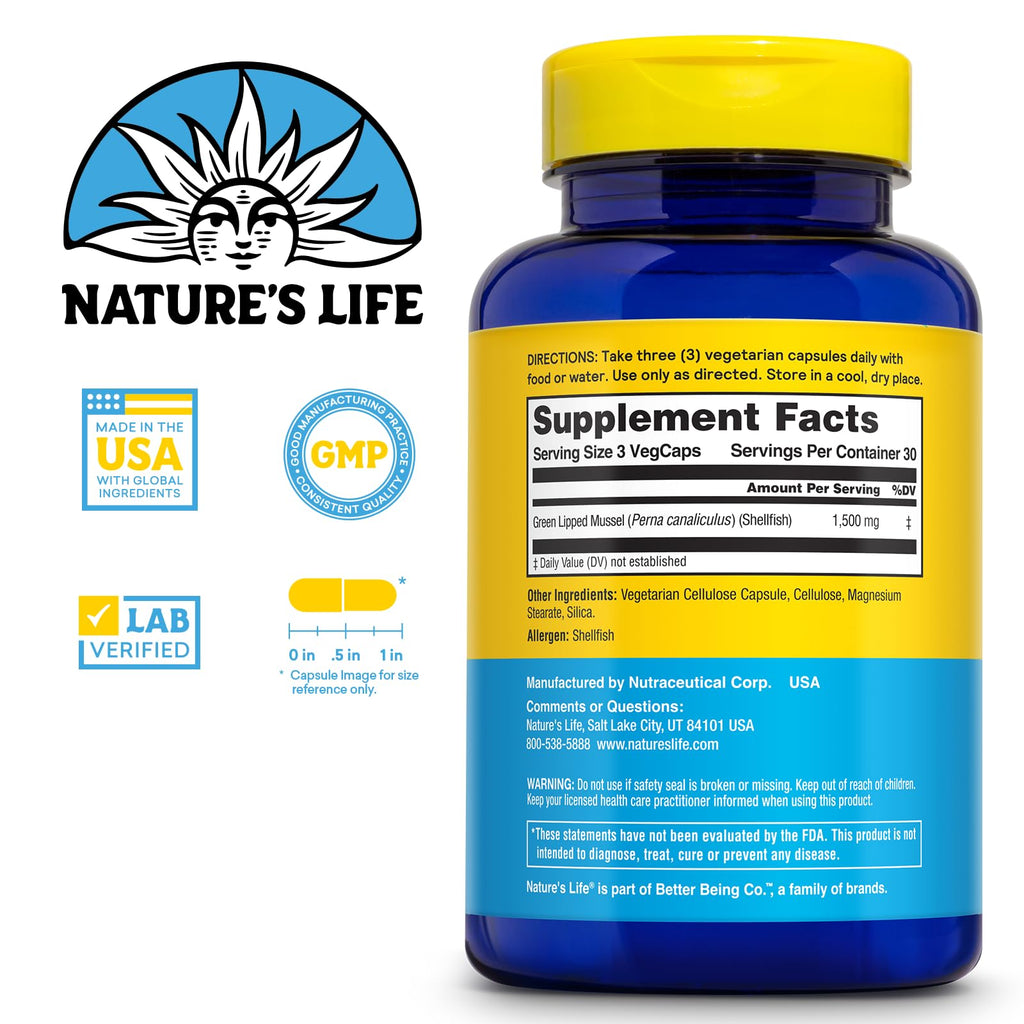 Nature's Life Green Lipped Mussel 1500 mg Capsules for Men and Women - New Zealand Green Lipped Mussel Supplement - Joint Health Support - 30 Servings, 90 Capsules