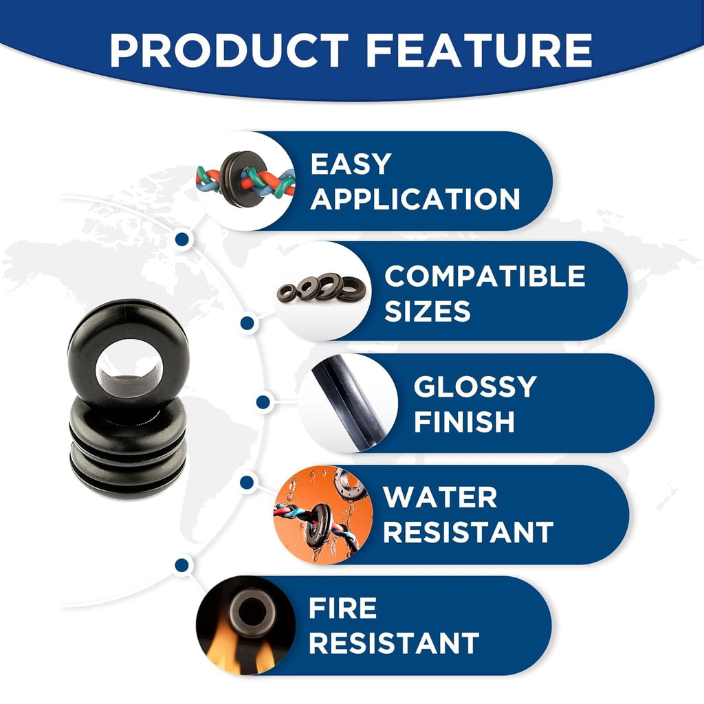 Rubber Grommets kit for Wiring- 205pcs Assorted in 9 Sizes 1",1/2",1/4", 3/4", 3/8", 5/8", 5/16", 7/8",7/16 "-Waterproof & Tear Resistant Firewall Grommets Perfect for Safe Sealing in Automotive.