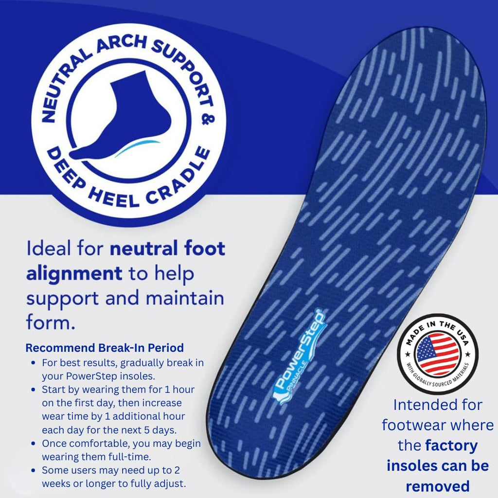 PowerStep Pinnacle Insoles, Orthotics for Plantar Fasciitis Relief, Made in USA Orthotic Insoles, Arch Support Inserts with Moderate Pronation, #1 Podiatrist Recommended (M 10-10.5, W 12-12.5)