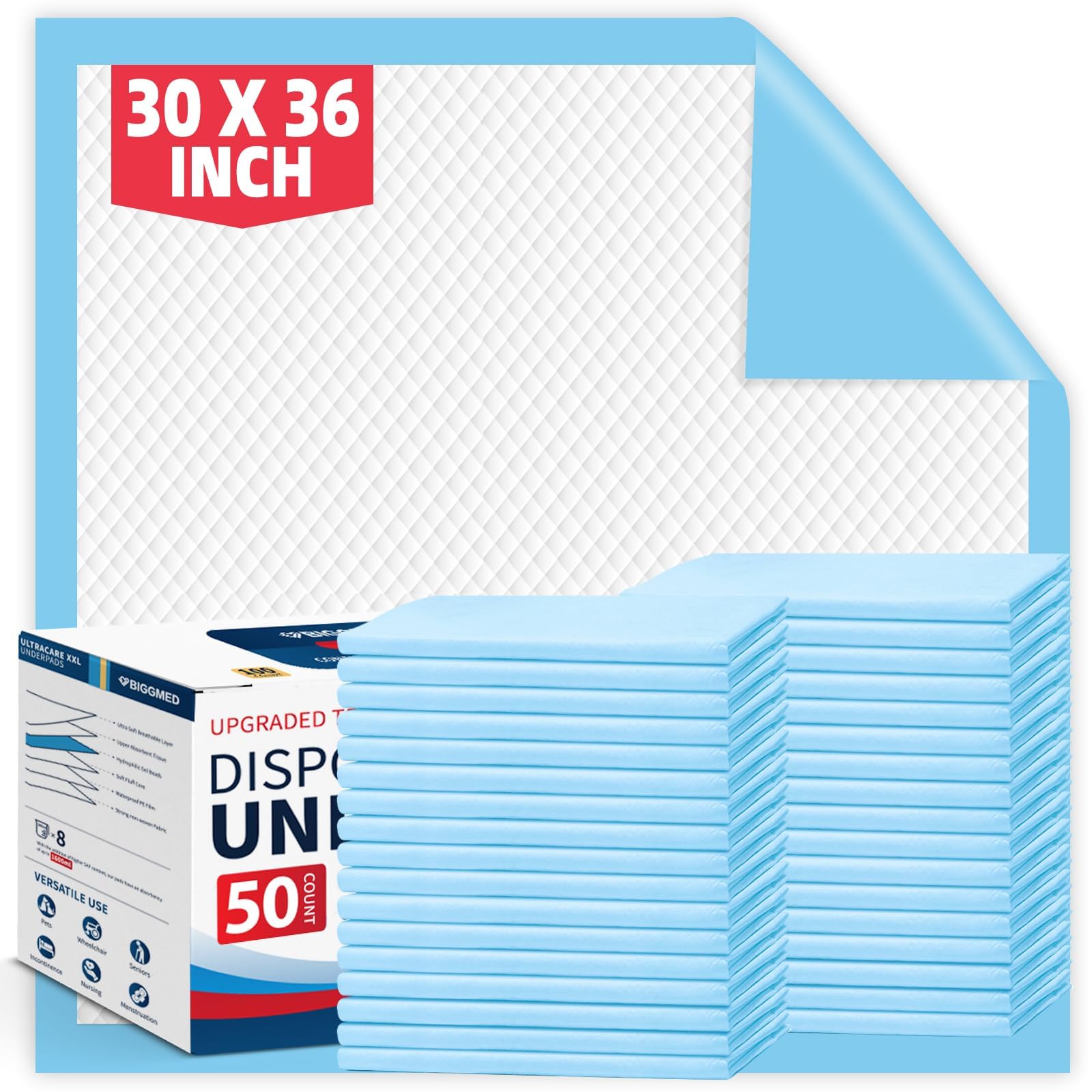 BIGGMED Tear-Resistant Disposable Bed Pads 30" x 36", 50 Count Absorbent Underpads, Chux Thicker Extra Large Incontinence Bed Pads, Pee Pads for Adults, Kids, Elderly, Pets
