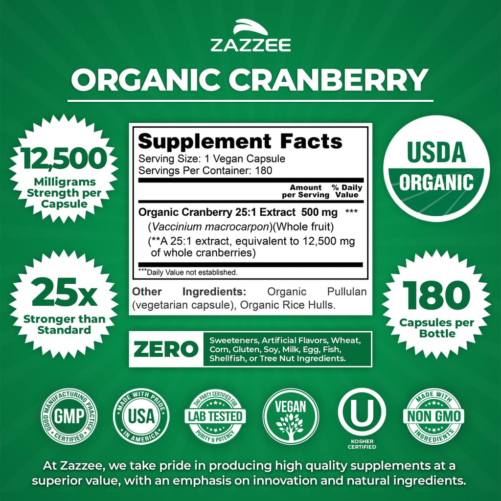 Zazzee USDA Organic Cranberry 25:1 Extract, 500 mg per Capsule, 180 Vegan Capsules, 6 Month Supply, Certified Kosher, Standardized, Concentrated 25X Extract, 100% Vegetarian, Non-GMO, Made in The USA