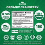 Zazzee USDA Organic Cranberry 25:1 Extract, 500 mg per Capsule, 180 Vegan Capsules, 6 Month Supply, Certified Kosher, Standardized, Concentrated 25X Extract, 100% Vegetarian, Non-GMO, Made in The USA