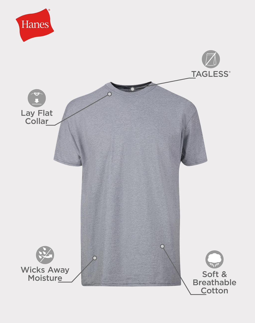 Hanes Mens Cotton, Moisture-wicking Crew Tee Undershirts, Multi-packs, Black/Grey/Blue Assorted - 6 Pack, Medium US