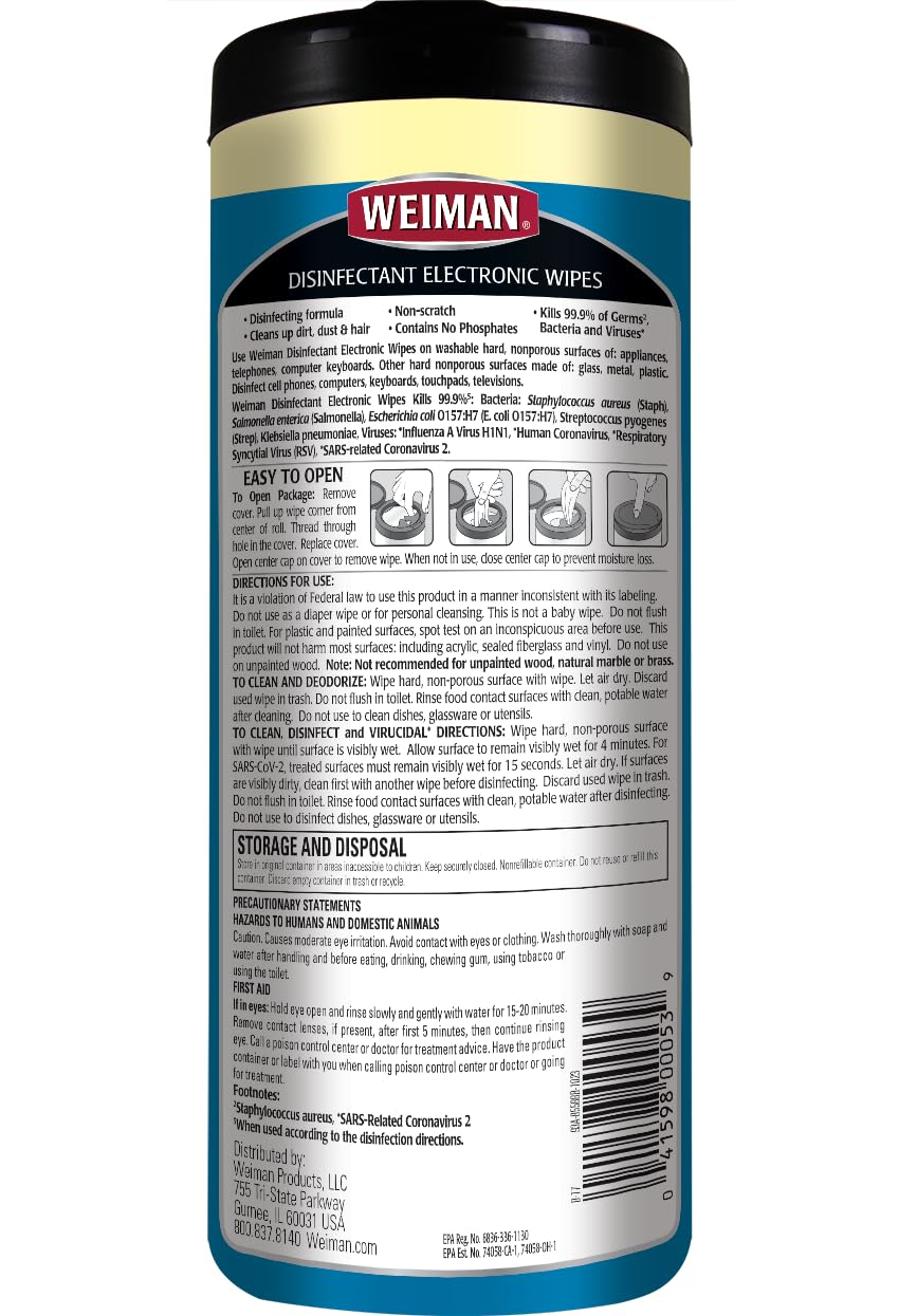 Weiman Electronics & Screen Disinfecting Wipes - Safely Clean and Disinfect Your Phone, Laptop, Keyboard, Tablets, Lens, Wipe, Glasses Cleaner, 30 Count, 2 Pack with MicroFiber Towel