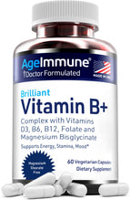 AgeImmune Vitamin B Complex with Vitamin D3 B12 B6 Magnesium Bisglycinate and Folate as Methylfolate - Doctor Formulated Methylated B Complex Supplement – 60 Capsules - Without Niacin