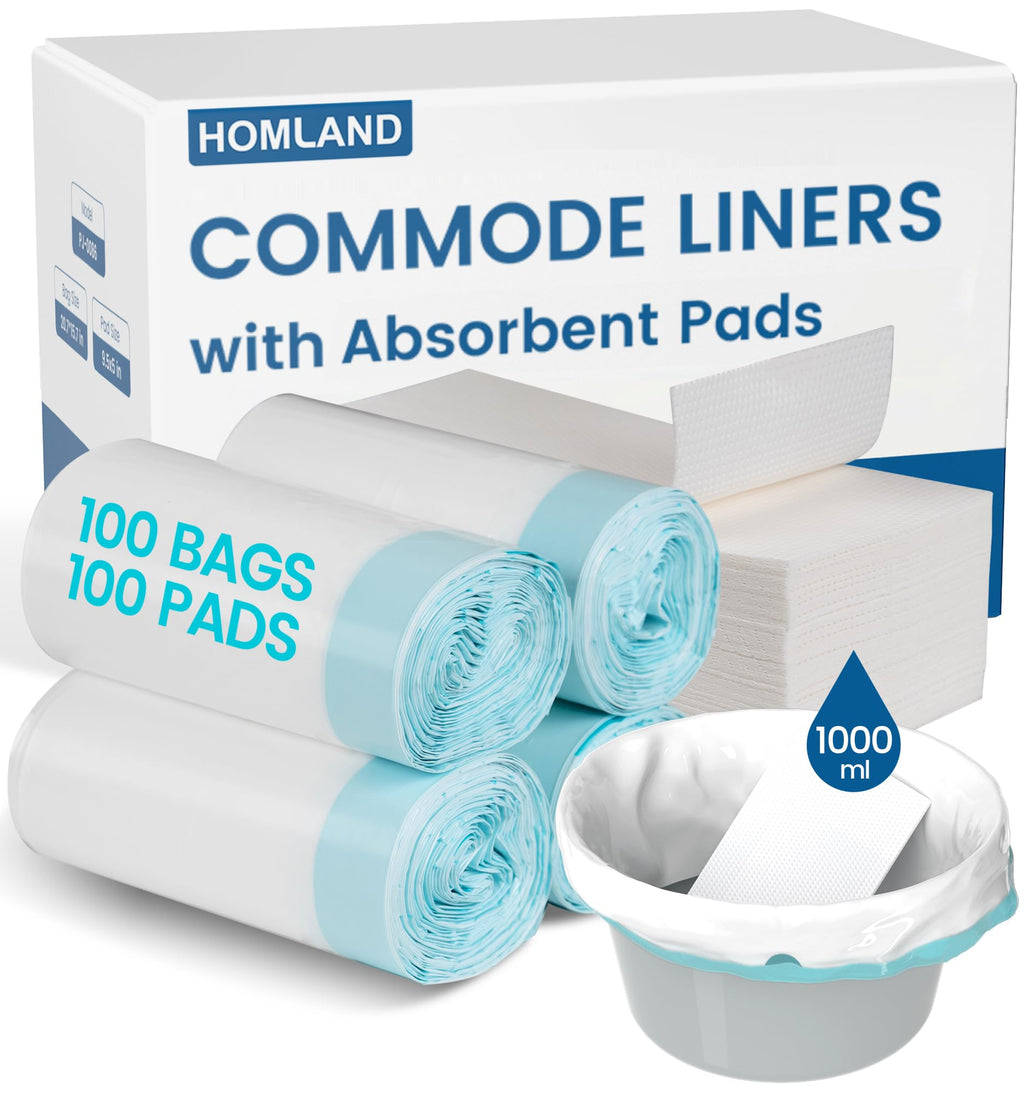 HOMLAND Commode Liners with Absorbent Pads, 100 Disposable Commode Bags and 100 Commode Pads, Leak-Proof Portable Toilet Bags Universal Fit for Potty Chair Bucket, Bedpan & Camping Toilet