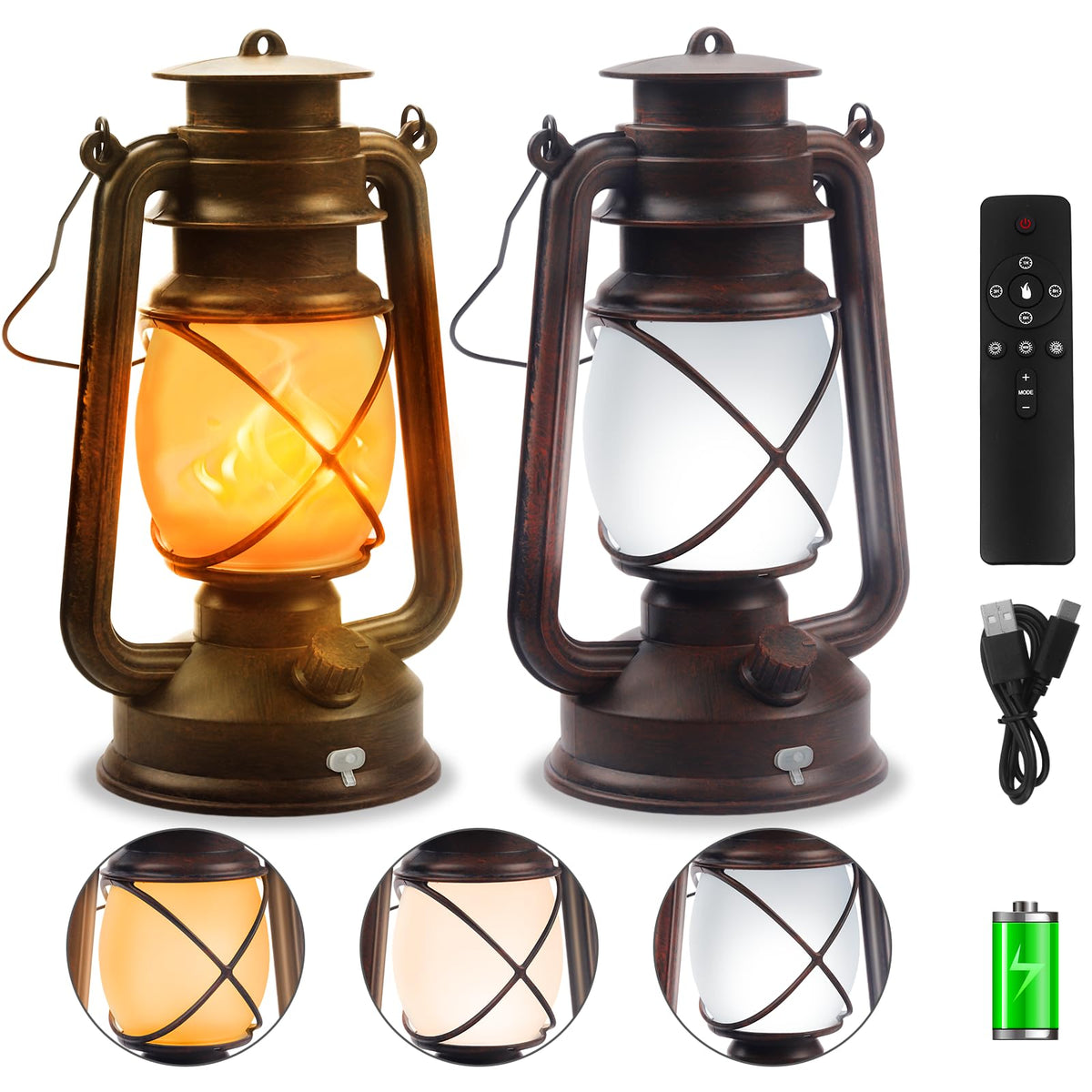 2 Pack Bronze Vintage 4 Modes Rechargeable Lanterns with Remote Control
