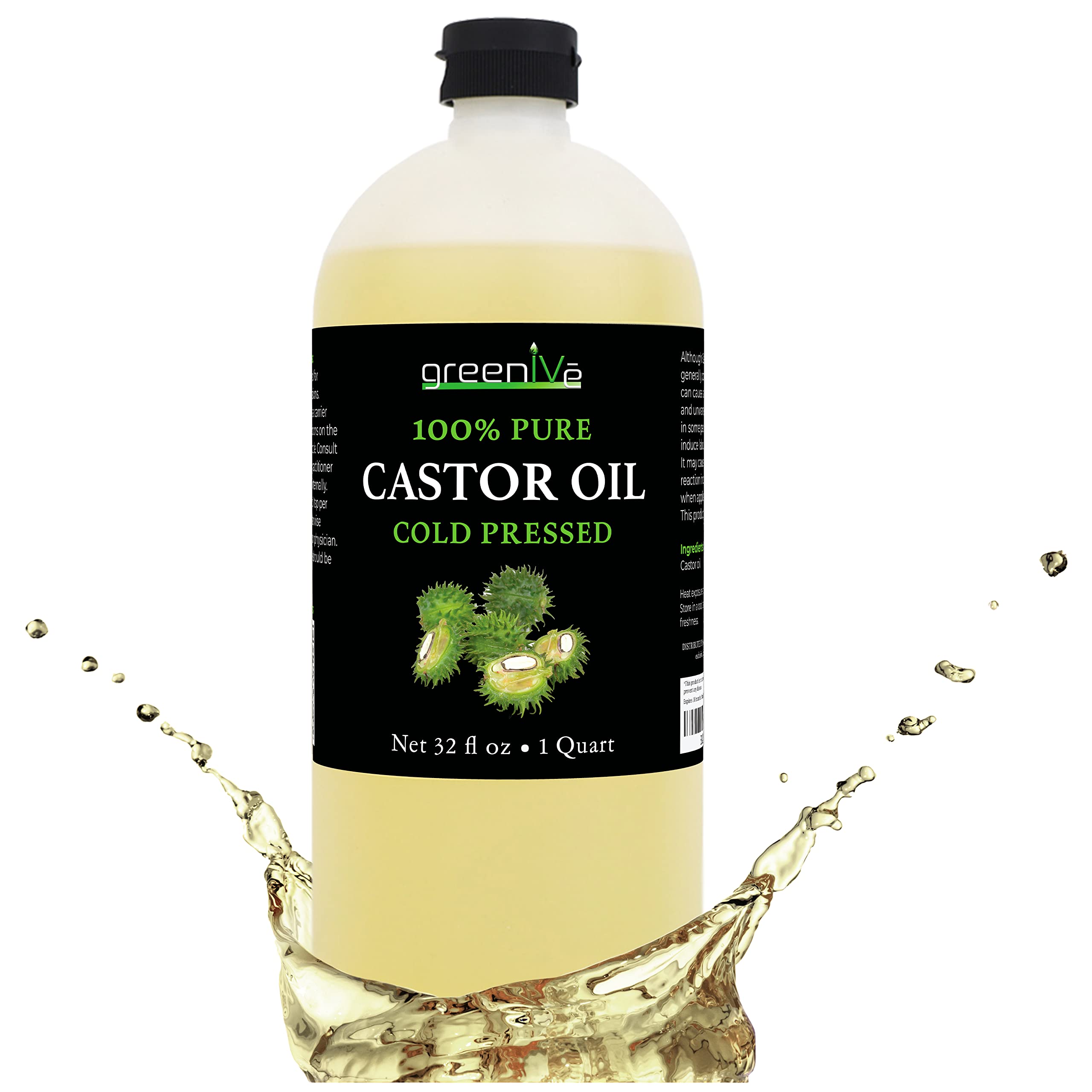 GreenIVe 100% Pure Castor Oil – Cold-Pressed, Hexane-Free – Hair, Eyebrows, Eyelashes, Skin Moisturizer, Castor Pack Wrap Oil Bulk Bottle (32 Fl oz)