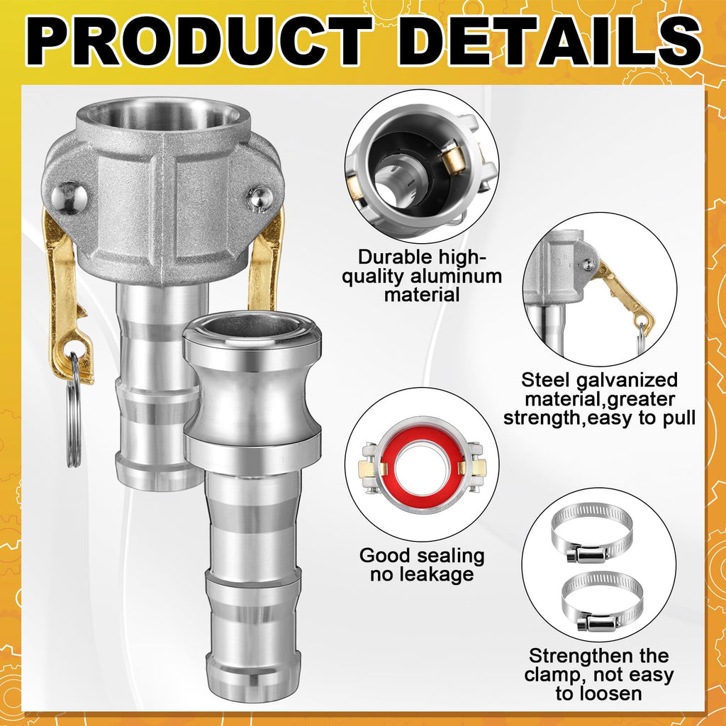 Innconee 2 Set Camlock Fittings Type C&E 1 Inch Aluminum Cam and Groove Hose Fitting Kit include 1" Female Coupling Cam Lock, 1" Male Adapter Camlock, Gasket, Hose Clamps for Industrial