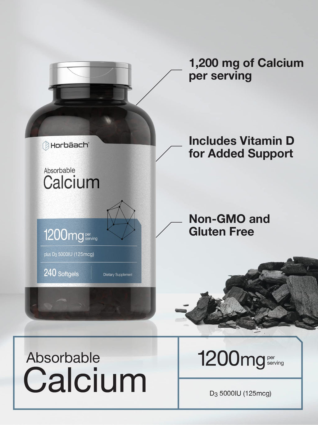 Horbäach Calcium 1200 mg with Vitamin D3 | 240 Softgels | 5000 IU Vitamin D3 | Absorbable Calcium Supplement for Women and Men | Non-GMO, Gluten Free