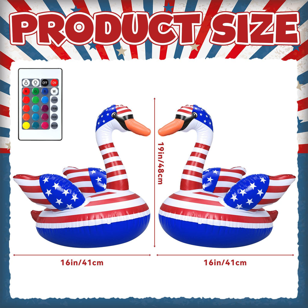 Arrowbash 2 Pack 4th of July Inflatable Swan Floating Pool Lights 19 x 16 Inch Led Patriotic Inflatable Floating Pool Lights Red White and Blue Glow in The Dark Pond Decoration for Memorial Day Party