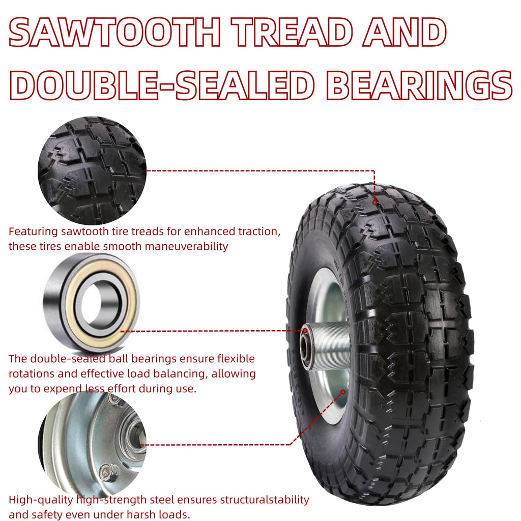 10" Replacement Tire and Wheel 4.10/3.50-4",10 inch Pneumatic Utility Tires for Gorilla Cart, Dolly, Hand Truck, Lawnmower, Garden Wagon with 5/8” Axle Bore Hole - Double Sealed Bearings (2 pack)