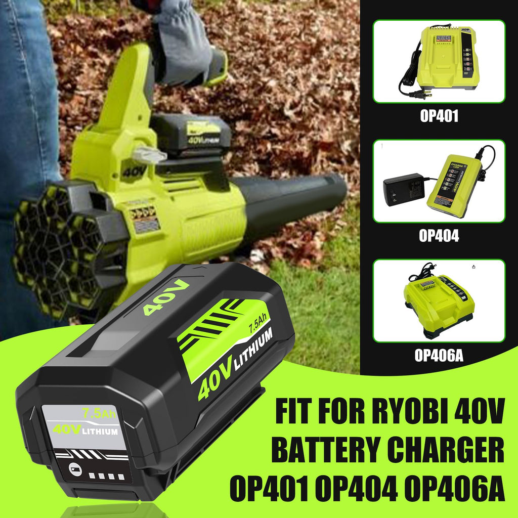 7500mAh 2 Packs OP4075A Battery and OP401 Charger Replacement for Ryobi 40V Battery and Charger Combo Kit Compatible with Ryobi 40 Volt Batteries OP40601 OP40602 OP4050 OP40501 OP4040 OP40404(Green)