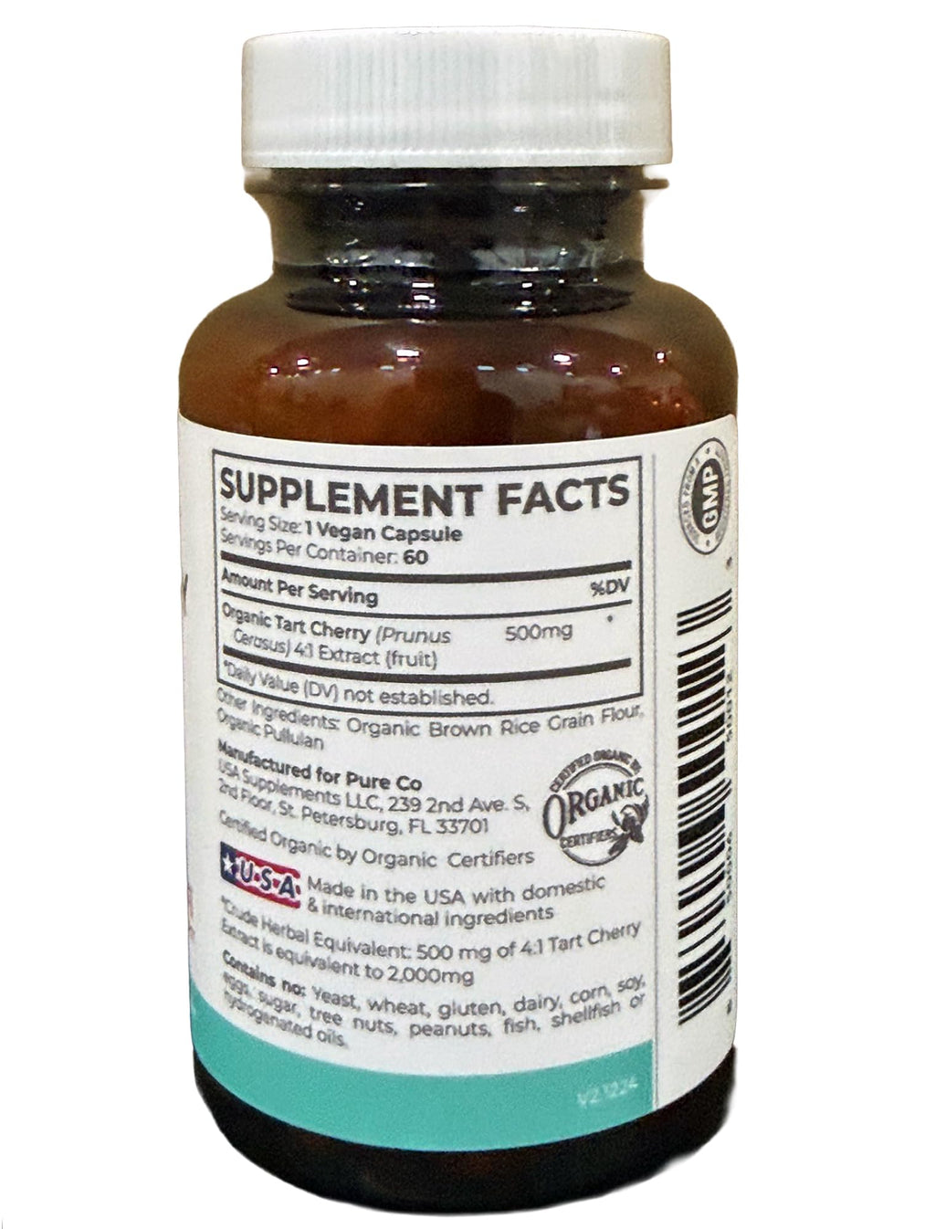 Organic Tart Cherry Capsules - High Strength Organic Tart Cherry 500mg 4:1 Extract- 1 Capsule Per Serving for Uric Acid Support - Vegan Non-GMO & Made in the USA (2 Months Supply)