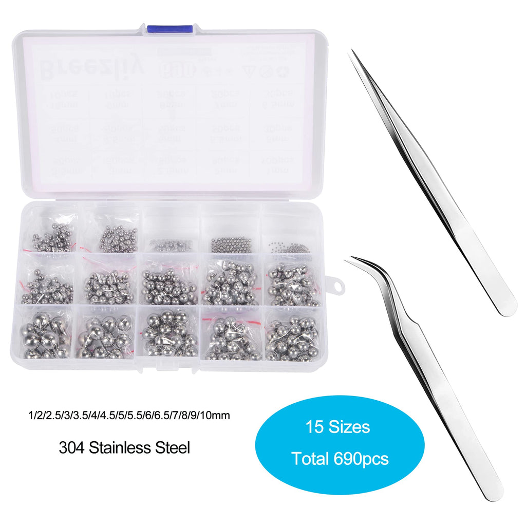 Breezliy 690 Piece 1-10mm 15 Sizes Metric Precision 304 Stainless Steel Assorted Loose Bicycle Bearing Steel Ball Assortment Kit