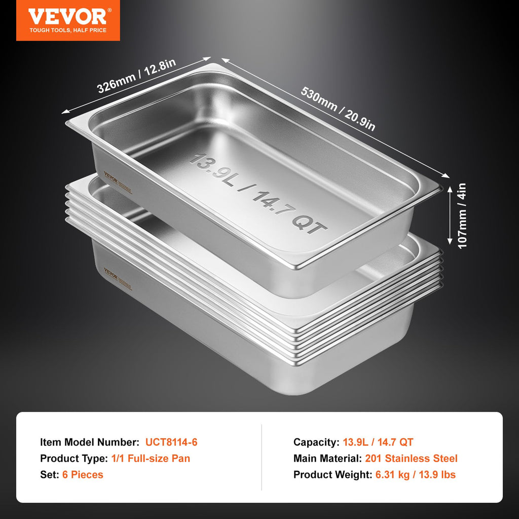VEVOR 6 Pack Stainless Steel Hotel Pans,Full Size 4 Inch Deep 0.8mm Thick Anti-Jam Commercial Food Pans for Steam Tables, Restaurants, Catering & Industrial Use