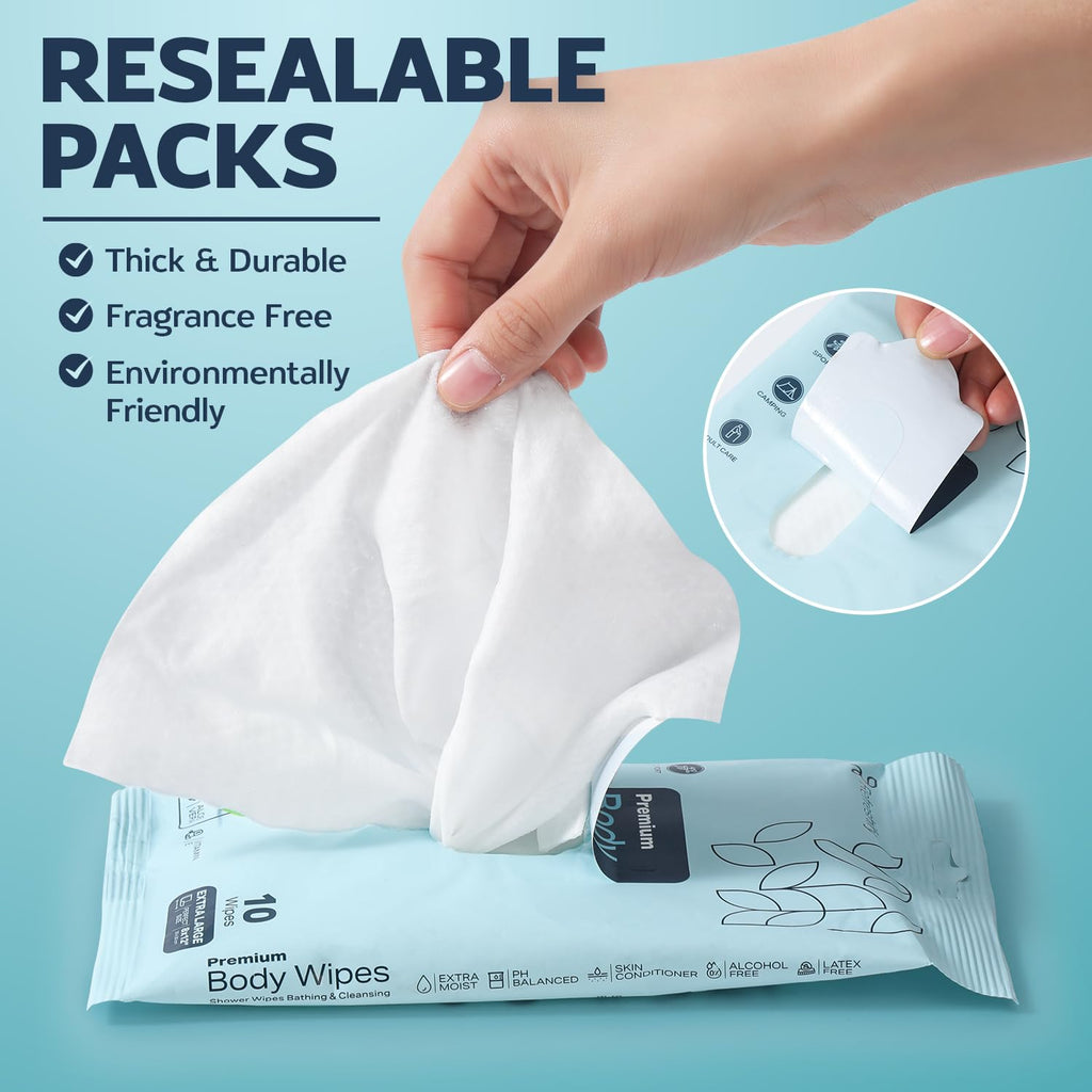 120 XL Shower Wipes – Body Wipes for Adults Bathing No Rinse – 12 Packs of 10 – Extra Moist Bath with Aloe & Vitamin E for Camping, Travel, Gym & Bedridden Care