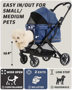 797Audio Dog Stroller for Small Medium Dogs, Pet Stroller for Cats Puppy Up to 121lbs,Foldable,One Click Folding,4 Wheel Shock Absorption,Adjustable Canopy with Sun Shades,Removable Washable Pad(Blue)