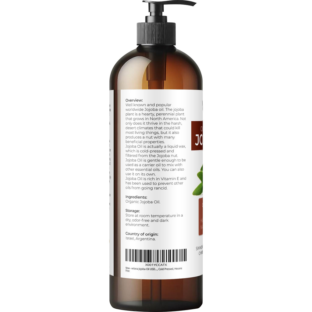 velona Jojoba Oil USDA Certified Organic - 16 fl oz (With Pump) | 100% Pure and Natural | Golden, Unrefined, Cold Pressed, Hexane Free | Moisturizing Face, Hair, Body, Skin Care