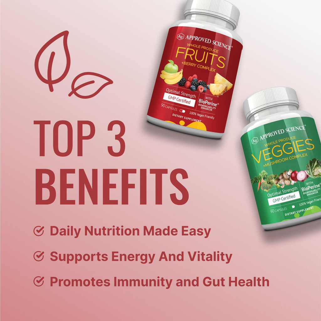 Approved Science Fruits & Veggies - 42 Whole Fruit and Veggie Supplement - Enhanced Health & Vitality - Daily Natural Vitamins, Minerals, Antioxidants - 180 Capsules Each - 2-Month Supply