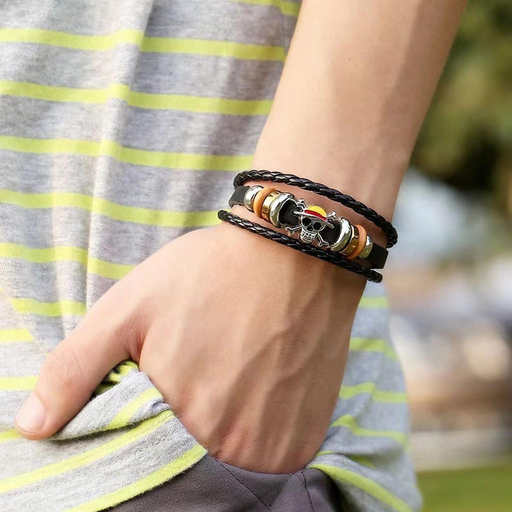 Nuahyaz 3Pcs Anime Leather Bracelets, Skull Punk Alloy Cuff Wristband