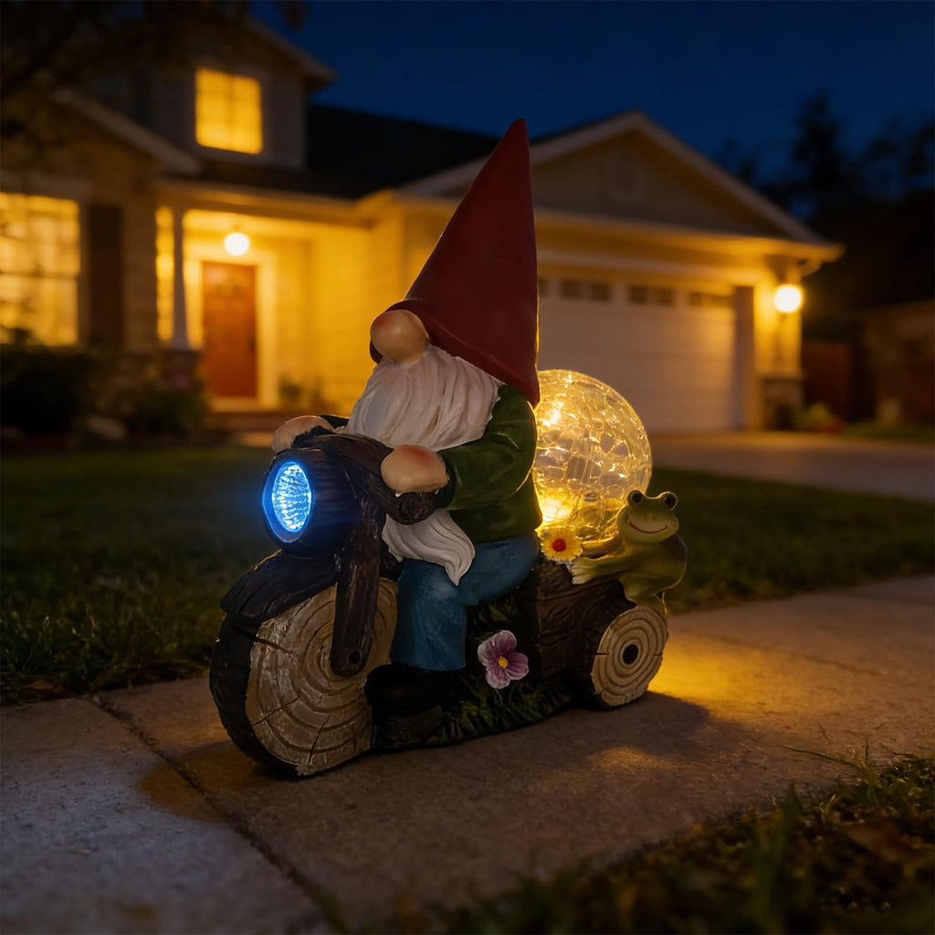 SAMPU CRAFT Garden Gnome on Motorcycle with Solar Powered Light,9.8IN