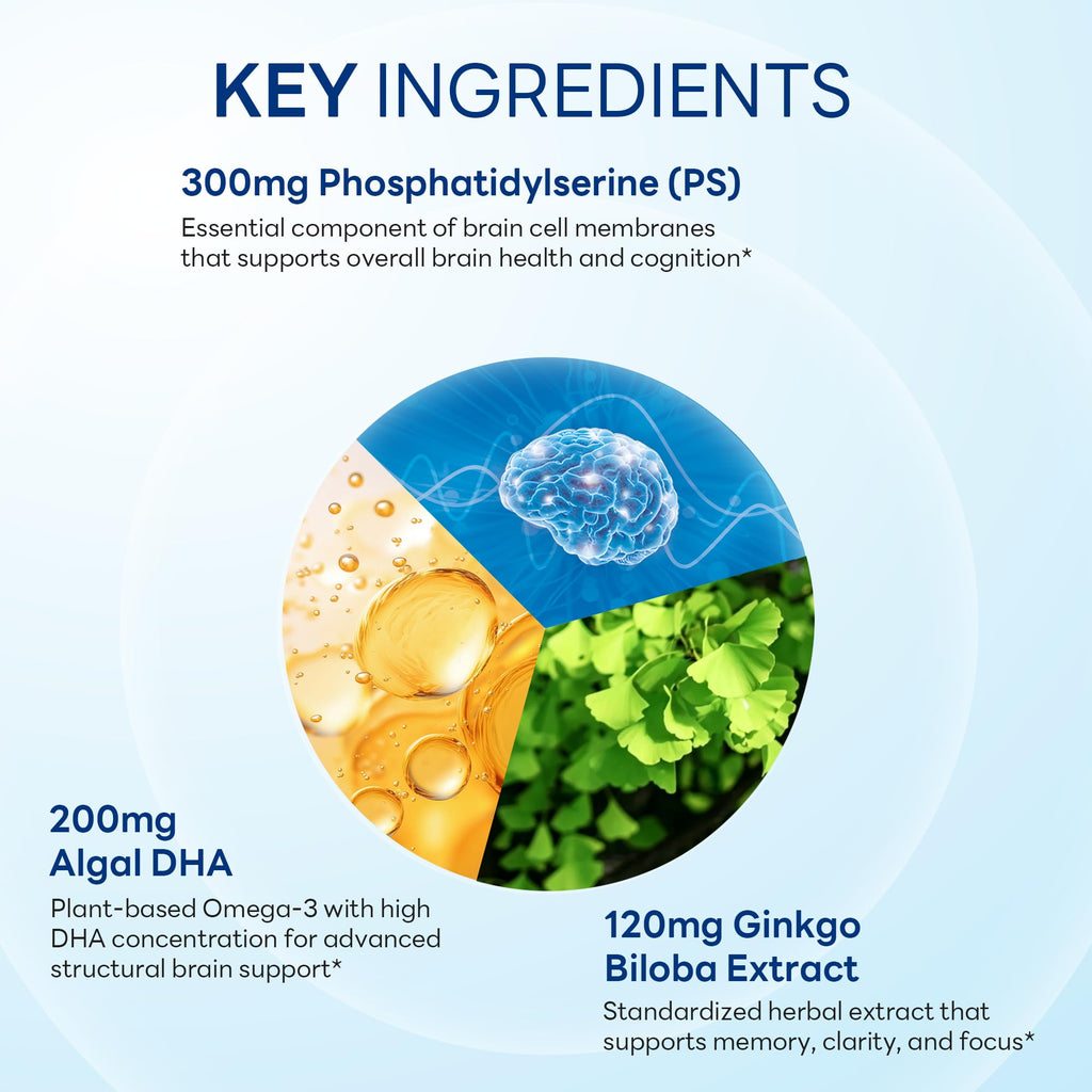 Vitamin World Phosphatidylserine 300mg, 50% Standardized, with DHA & Ginkgo Biloba, Supports Brain Health, Cognitive Function, Memory & Focus, Neuroclear Gold Made with Non-GMO Soy, 90 Softgels
