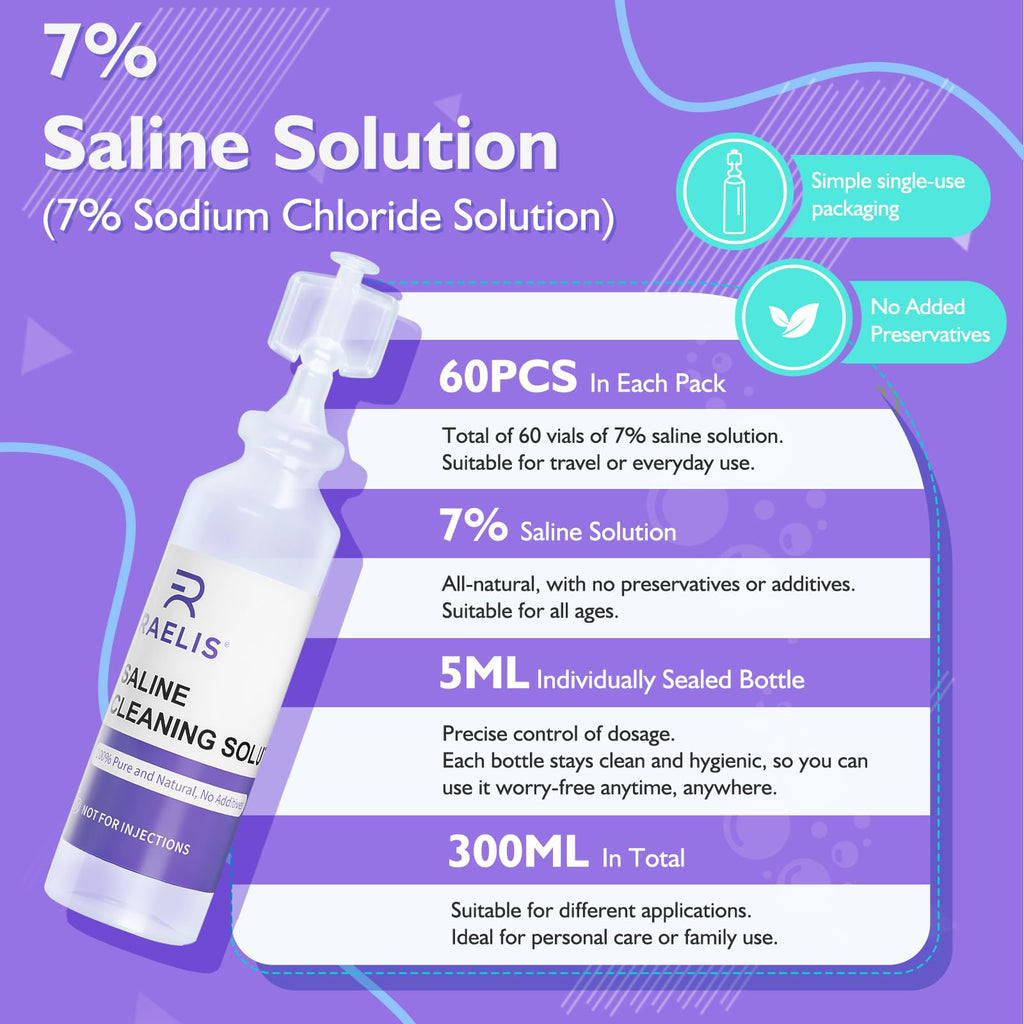 7% Saline Solution for Various Household Uses, 300ml (10.56 FL OZ), 5ml Each, 60Pack