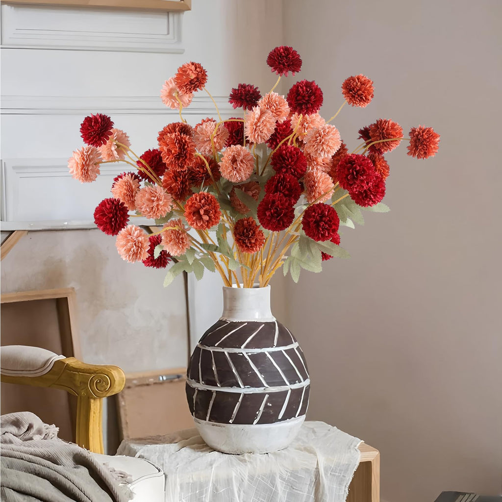 Hananona 12 Pcs Artificial Chrysanthemum Flowers, Orange Kiku Pom Pom Mums Flower Faux Fall Floral for Autumn Halloween Kitchen Table Centerpiece Home Decor (12, Burgundy, Burnt Orange, Deep Peach)
