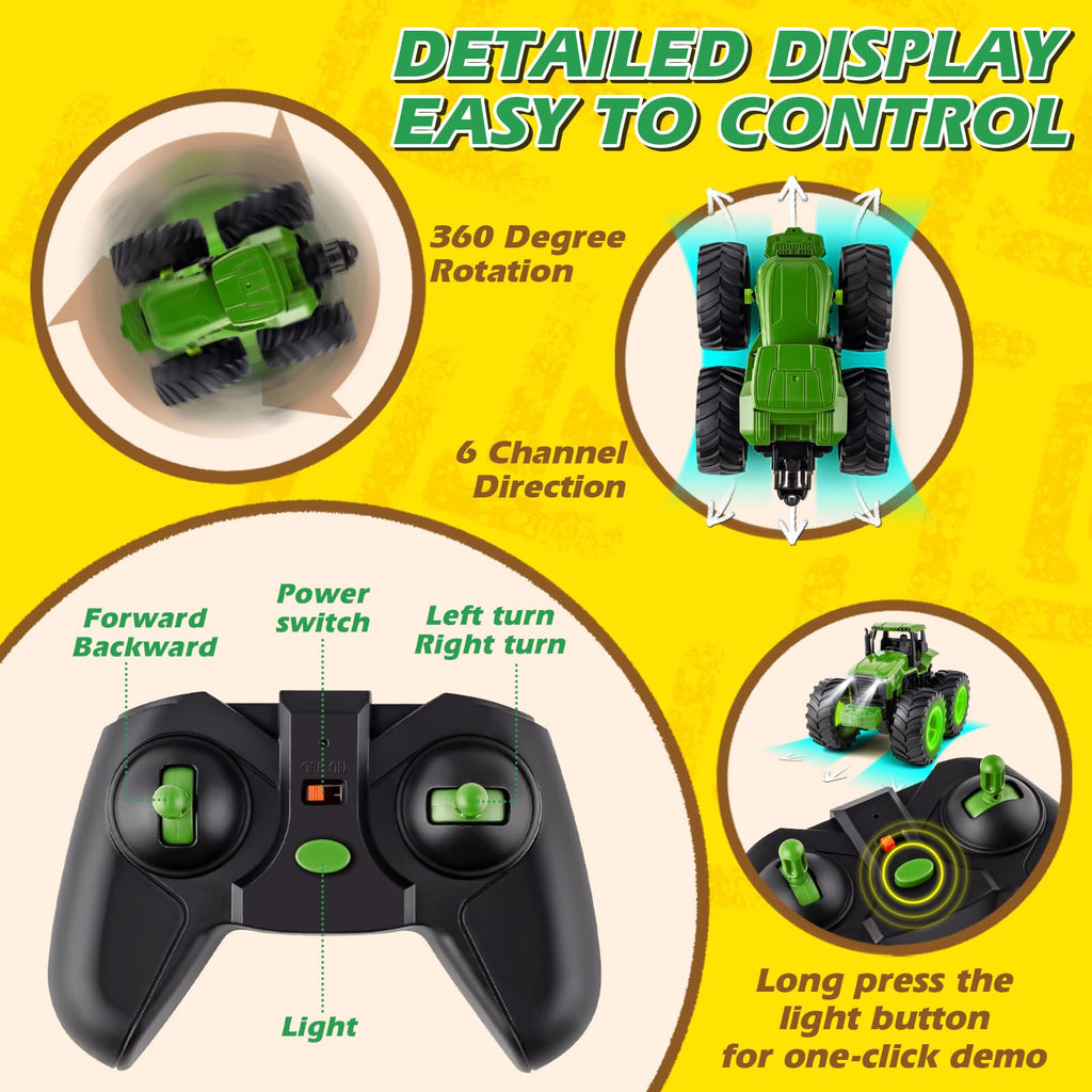 IJIGU Remote Control Tractor Toys, Light Up Farm Monster Trucks Toy for Boys 3, 4, 5, 6, 7 Year Old, 2.4 Ghz RC Tractor Toys, Ideal Christmas, Birthday Gifts for Kids