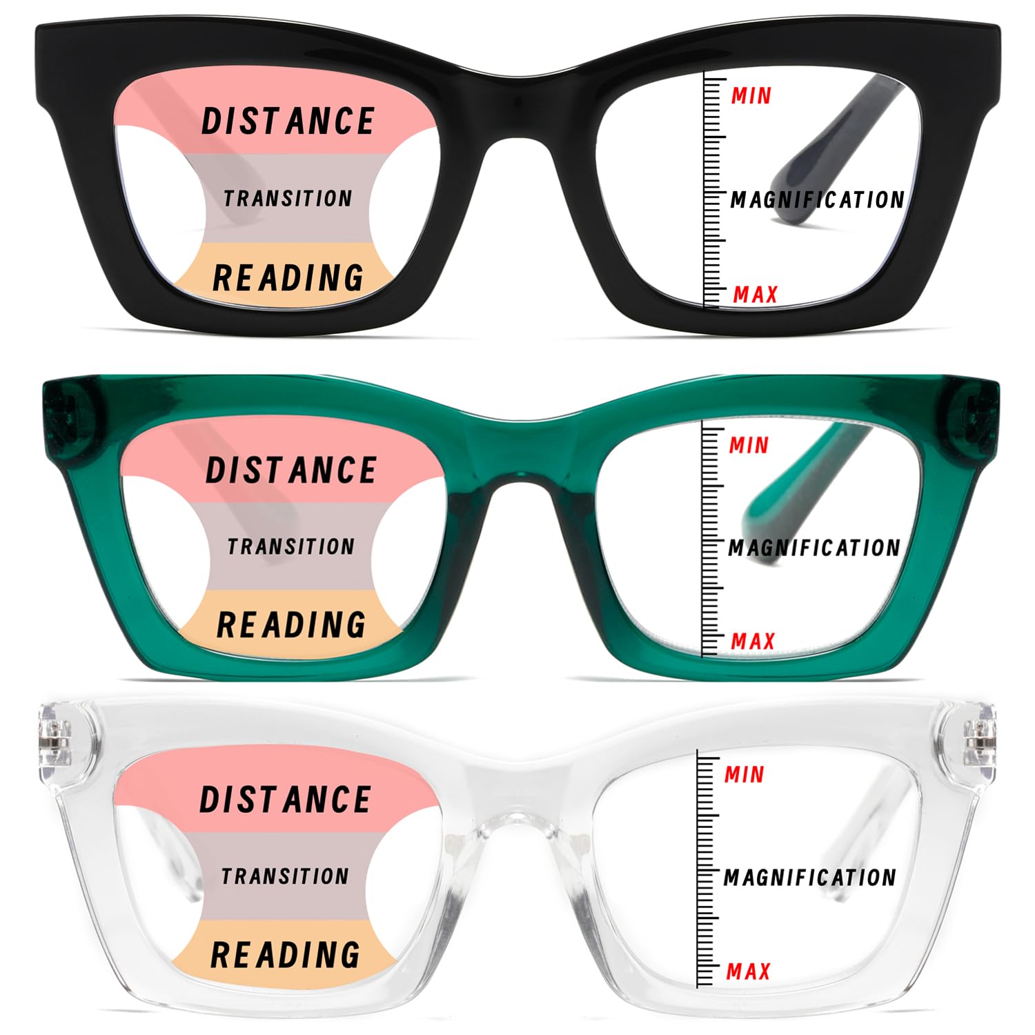 Hubeye Progressive Reading Glasses For Women Oprah Style Blue Light Blocking Computer Multifocus Square Reader （Green+Black+Clear，+1.75）