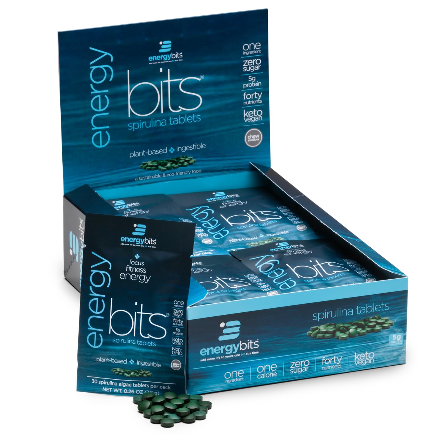 ENERGYBITS - Organic Spirulina Tablets - Plant-Based Algae Superfood - for Focus, Fitness, Energy - Plant Protein - Gluten Free - Collagen, Vitamin B12, Omega 3 - Keto & Vegan - 900 Algae Tablets