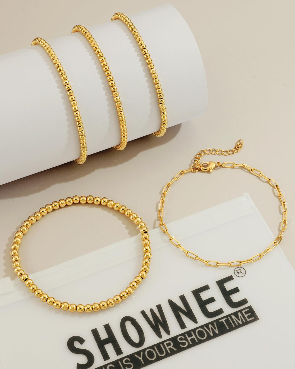 shownee Gold Beaded Bracelet for Women 14K Gold Plated Bracelets Gold Stretch Bead Ball Bracelets Hypoallergenic Stackable Bracelet Set 6.8 inch small Graduation Gift for Her Mothers Day Gifts for Mom