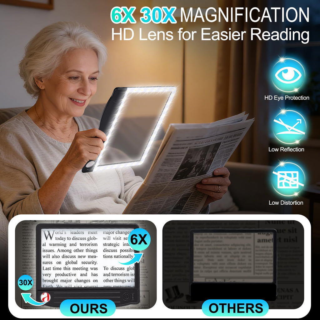 6X 30X Rechargeable Magnifying Glass with Light, Handheld Magnifying Glass for Reading, Large Full Page Magnifier with Light, Lightweight Book Magnifier for Reading Small Prints Seniors Low Vision