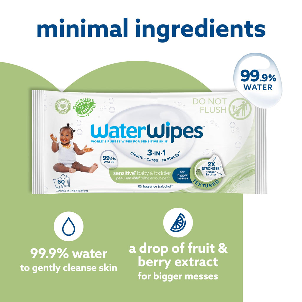 WaterWipes Sensitive+ Baby & Toddler Wipes, 3-In-1 Cleans, Cares, Protects, 99.9% Water, Textured Clean, Unscented & Hypoallergenic, 720 Count (12 Packs)