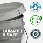 EconoHome 5-Gallon Grey Bucket Pail Container with Lid | Metal Handles with Plastic Grip | Easy Stack and Store | Heavy-Duty, Approx 90 MIL, Extra Durable | Food Grade | BPA Free - 5 Pack