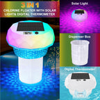 Solar Powered Pool Chlorine Floater with Digital Thermometer & LED Light, Floating Chlorine Dispenser for 3” Chlorine Tablets (Tablets Not Included), Pool Thermometer for Inground & Above Ground Pools
