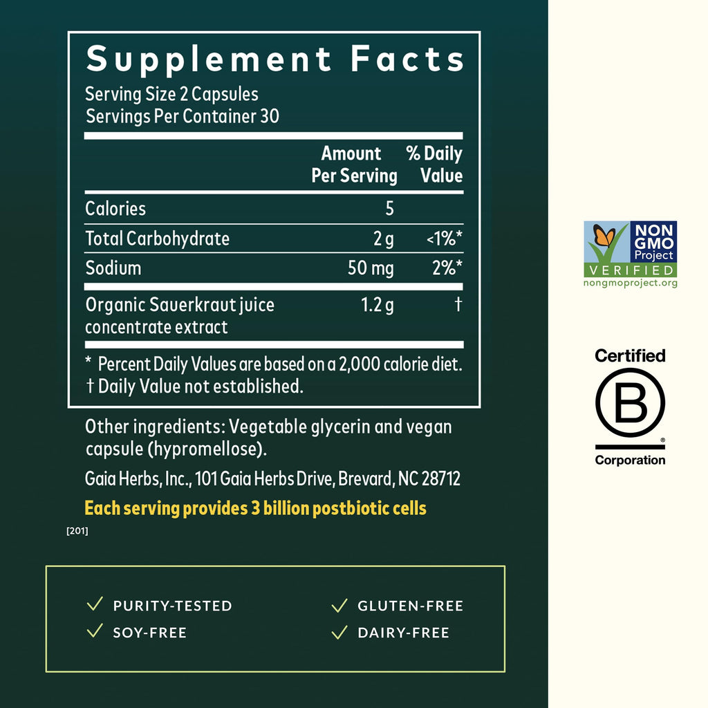 Gaia Herbs Sauerkraut Postbiotic - Gut Health & Immune Support Supplement* - Made with Fermented Sauerkraut - Free from Dairy, Soy & Gluten - 60 Vegan Liquid Phyto-Caps (30 Servings)