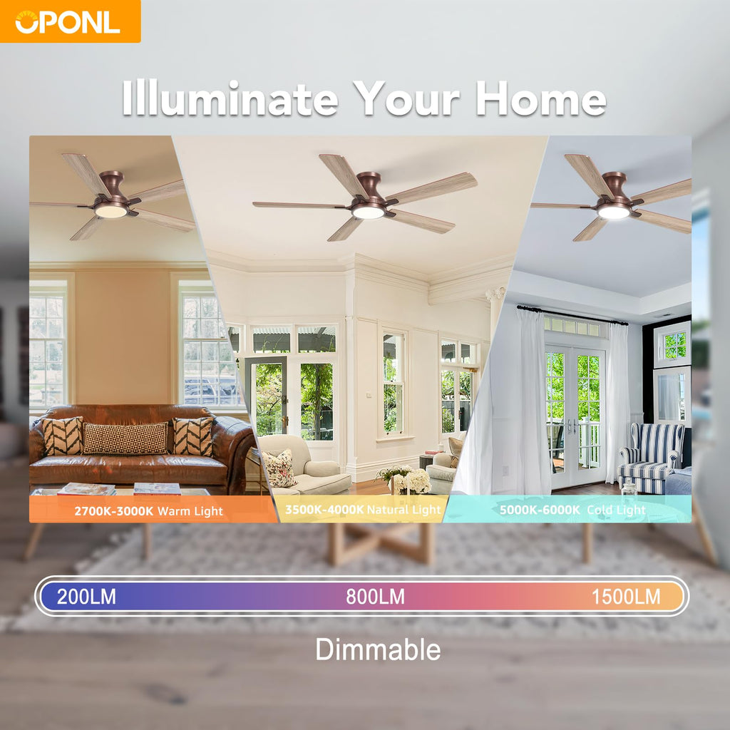OPONL 52 Inch Ceiling Fans with Light, Brown Ceiling Fan with Light and Remote Control, 6CCT, Dimmable LED, Noiseless DC Reversible Motor, Flush Mount, Low Profile Ceiling Fan for Indoor/Outdoor Use