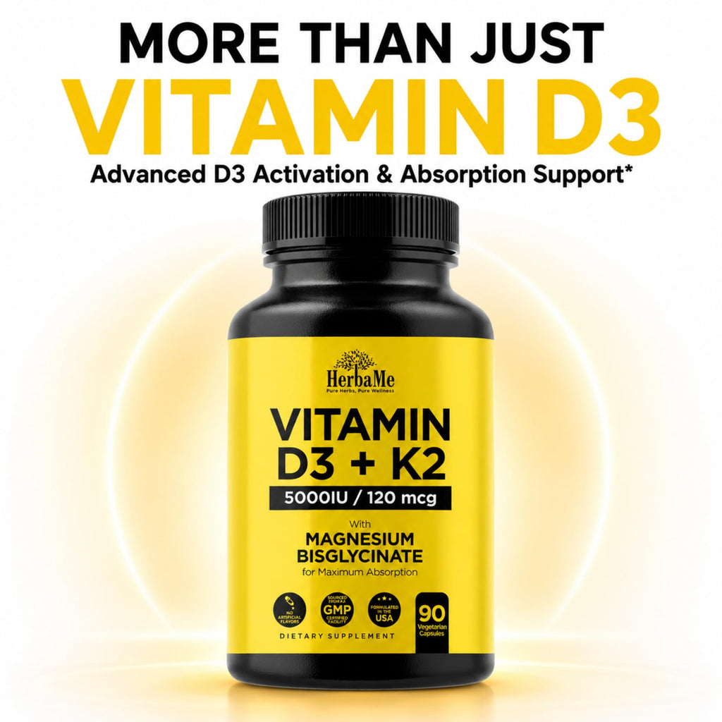 HerbaMe Vitamin D3 5000 IU + K2 with Magnesium Bisglycinate | Complete D3 Activation & Absorption Support Formula | Bone, Muscle & Immune Wellness | 90 Capsules