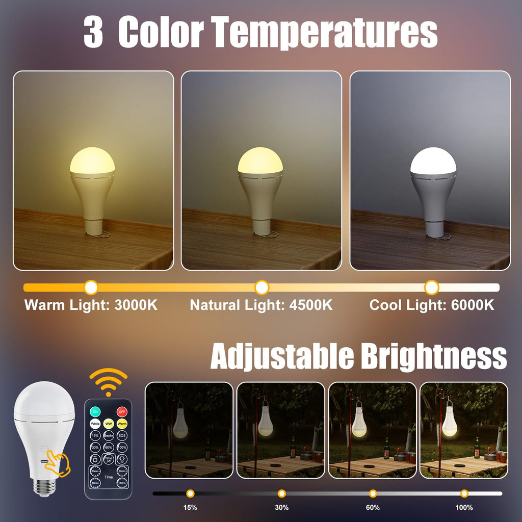 Brightown E26 Rechargeable Light Bulb with Remote and Timer, Battery Backup Bulb for Sconces and Lamps, Hanging LED Light Bulb with Hook for Camping Tent, Dimmable, 3 Color Temperatures, 2 Pack