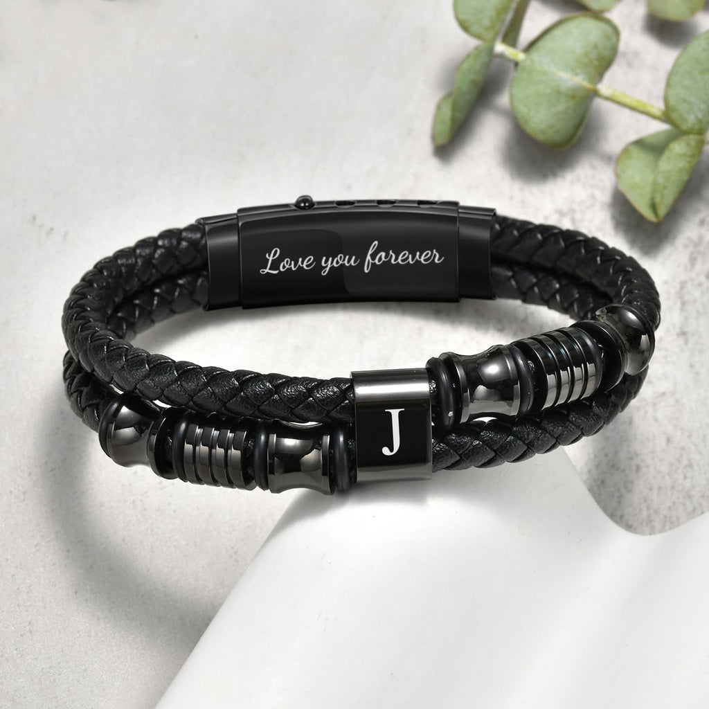 Initial Leather Bracelets for Men, Double-Row Braided Adjustable Wristband