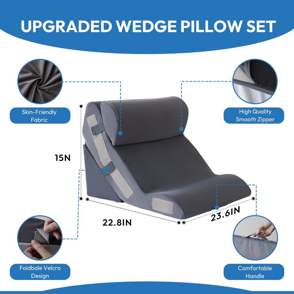 Ahpmeoa 3PCS Wedge Pillow Set for After Surgery, Back Pillow for Bed Sitting up, 10-in-1 Foam Wedge Pillow for Acid Reflux & Back Pain Relief, Post Surgery Pillow for GERD & Snoring, Plush Grey