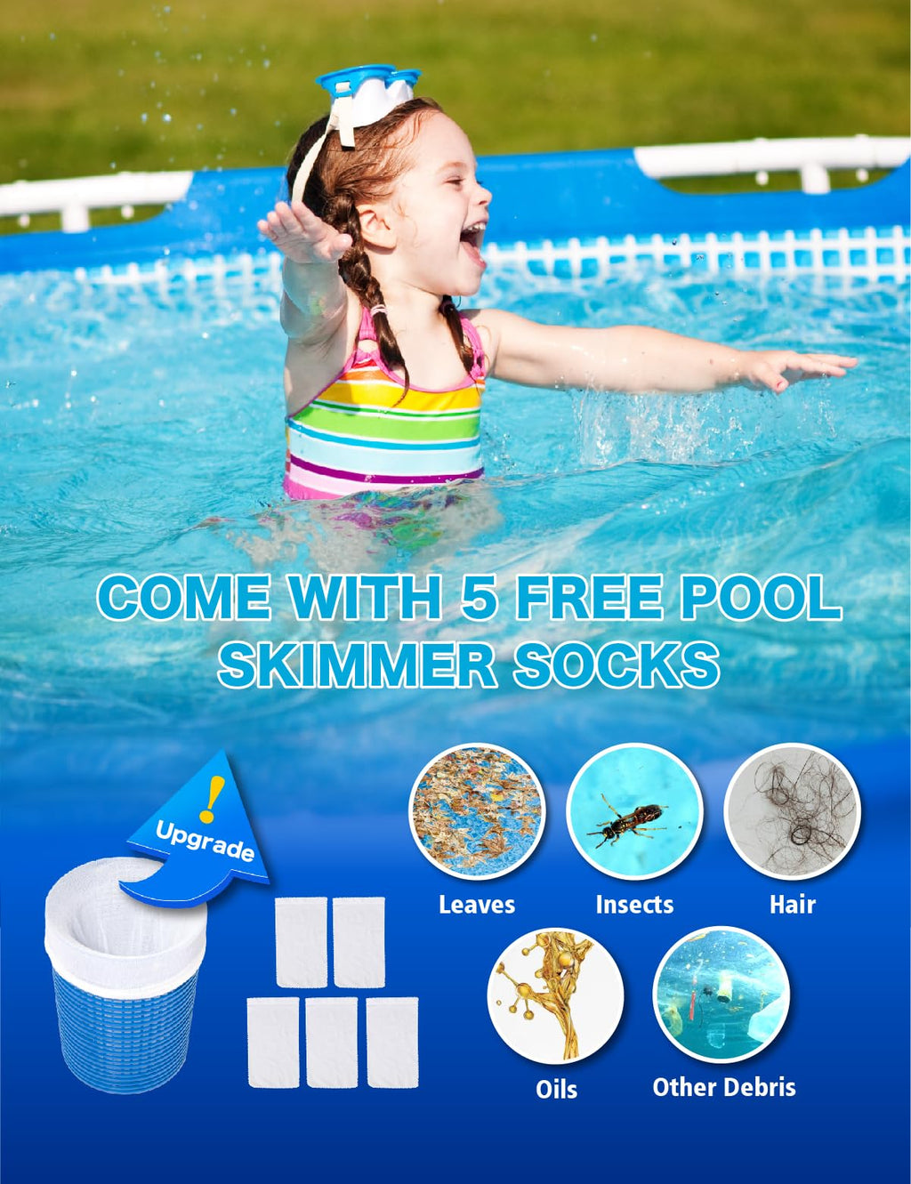 MUWOOB Above Ground Pool Skimmer with 5 Skimmer Socks, Wall Mount Surface Skimmer with Hose & Basket, Compatible with Intex Pools, Adjustable Floating Filter, Automatically Removes Leaves & Debris