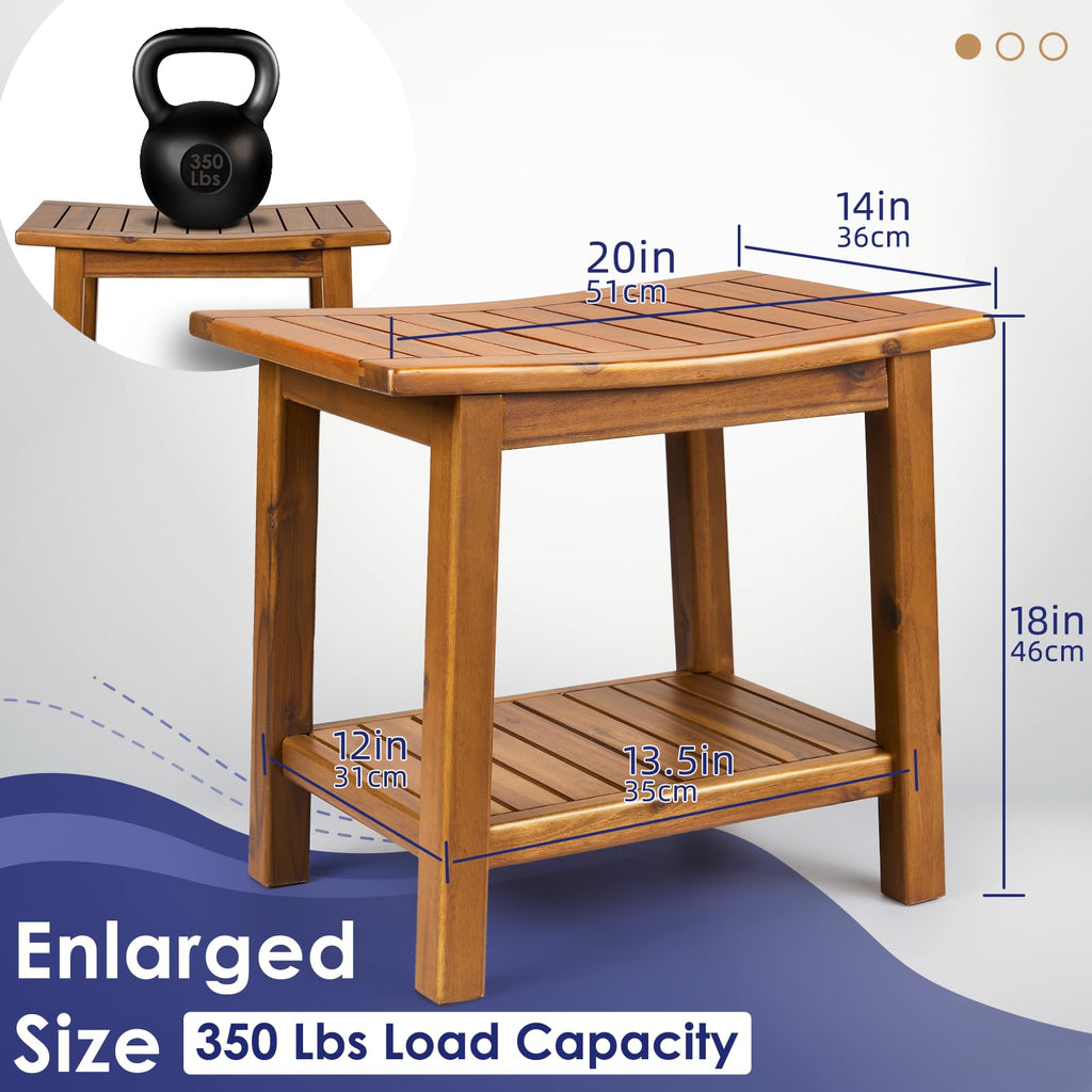 Upolana Teak Shower Bench, 20" Solid Wood Shower Stool Waterproof Shower Seat with Storage Shelf for Bathroom, Indoor & Outdoor Use