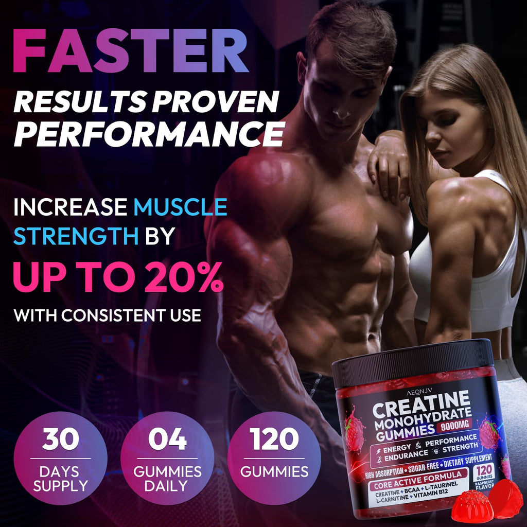 AEQNJV Creatine Gummies Monohydrate Complex 9000MG, Pre-Workout for Men & Women, Creatine Gummy with L-Taurine, BCAA 2:1, B12/6 for Muscle Support, Enhance Strength, Energy Boost-120 Count