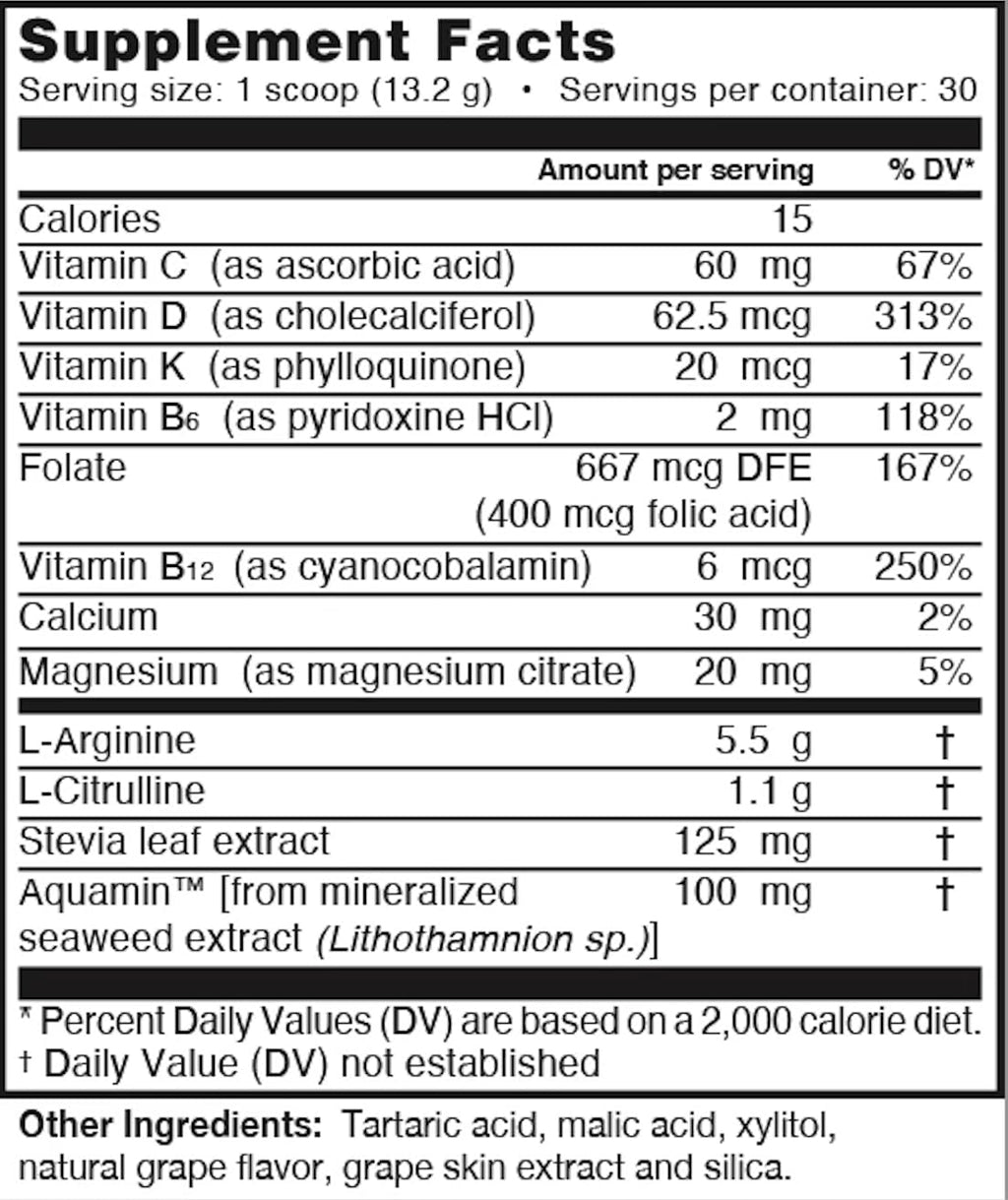 L-Arginine PRO | 5,500mg L-Arginine Plus L-Citrulline 1,100mg Grape Powder Drink Mix Supplement for Increased Nitric Oxide Production