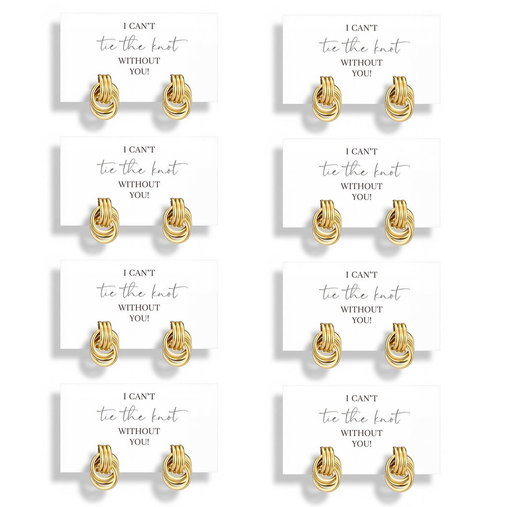 Nosiny 8 Sets Bridesmaid Jewelry Set Gold Pearl Drop Knot Earrings with 8 Pcs I Can't Tie The Knot Without You Cards Proposal Gifts Wedding Thank You Gifts for Bridesmaids
