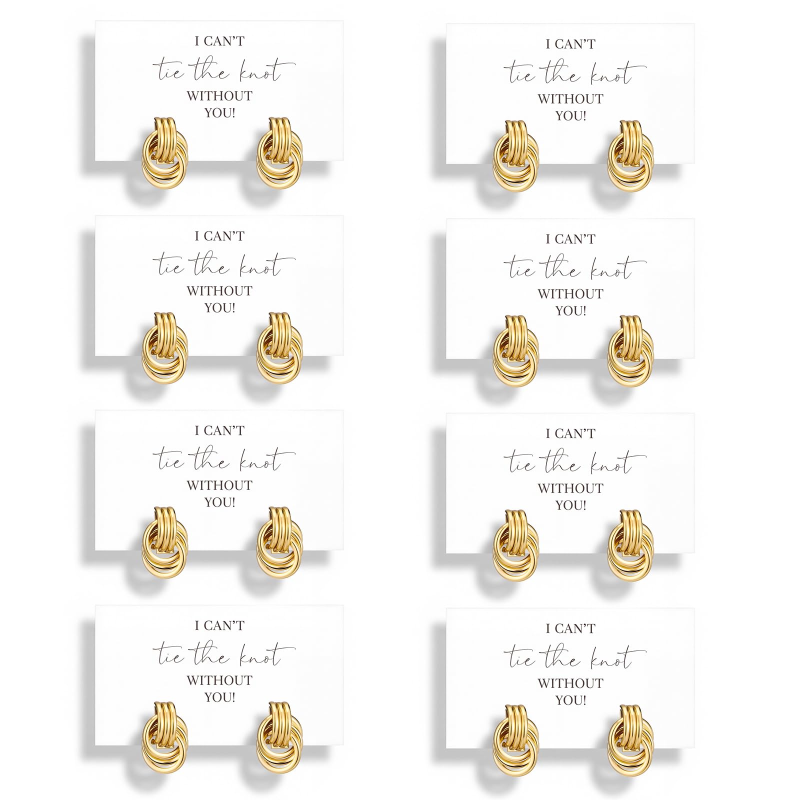 Nosiny 8 Sets Bridesmaid Jewelry Set Gold Pearl Drop Knot Earrings with 8 Pcs I Can't Tie The Knot Without You Cards Proposal Gifts Wedding Thank You Gifts for Bridesmaids